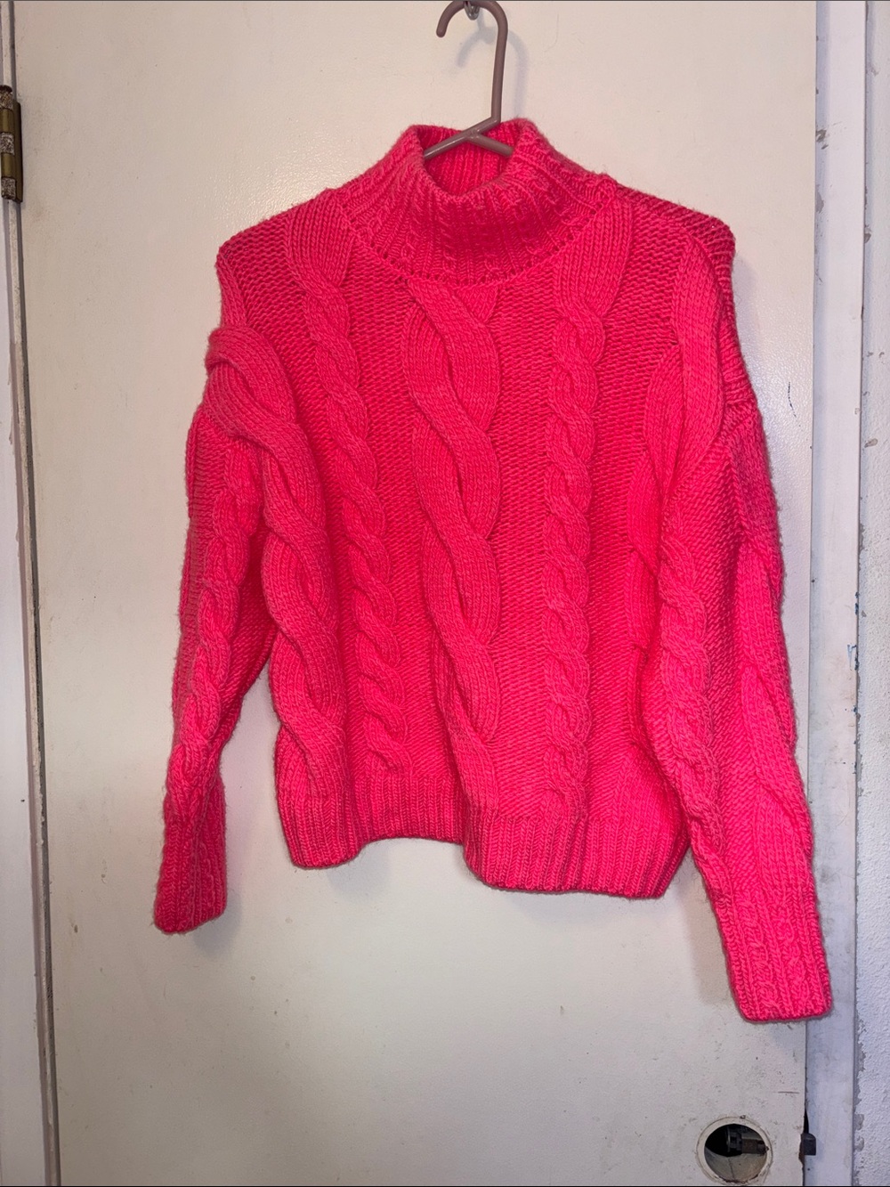 Anthropologie Vibrant Hot Pink Cable Turtleneck Sweater